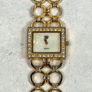 Elizabeth Taylor Watch 29mm Pave Bezel Round Link Band Gold Tone New Battery